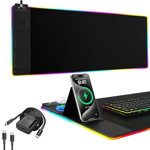 Image of Mouse Pad with Phone Holder, Wireless Charging Desk Mat, RGB Gaming Mousepad Home Office Large Desk Pad with Ultra-Smooth Surface, Non-Slip Base, Waterproof Keyboard Pad,Black with 20W USB C Charger