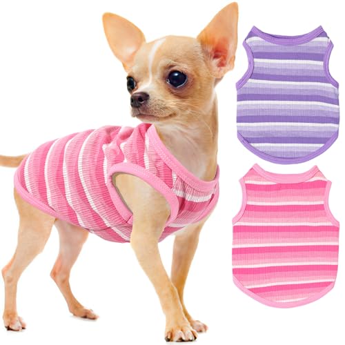 2 Pack Dog Shirts Striped Soft Breathable Summer Dog Clothes for Small Dogs Girl Boy, Teacup Puppy, Chihuahua, Yorkie, Toy Poodle and Cats, Pet Tee Shirt, XXS, Pink, Purple