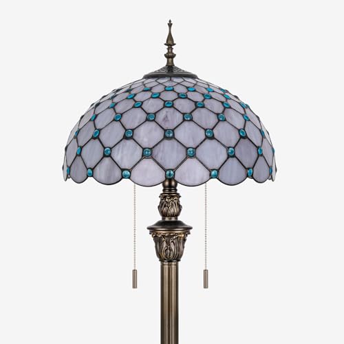 Image of Tiffany Style Floor Lamp, 16 inch Stained Glass Pastel-hued Grey Blue Domed Shade with Antique Bronze Base, 2-Light E26 Pull Chain Standing Reading Light for Living Room, Bedroom,16x16x64 Inches