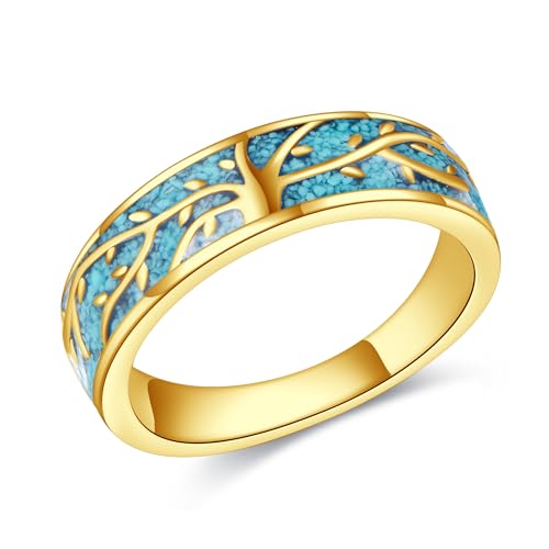 HKPATOP Personalized Tree of Life Turquoise Ring Customized Sterling Silver 10k/14k/18k Real Gold...