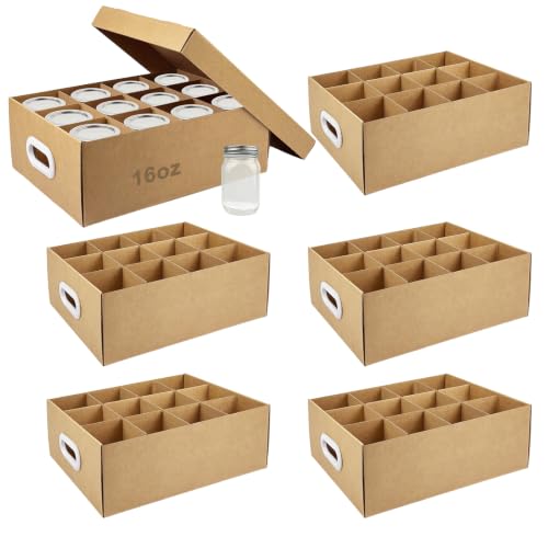 SkyJourney 6 Pcs Canning Jar Storage Boxes Cardboard Mason Jar Storage Box 16 oz with Handles and Dividers Stackable Mason Jar Organizers and Storage Heavy-Duty Kraft