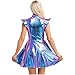 Linjinx Womens Shiny Metallic Dress High Waisted Skater Dresses 70s Disco Costumes Sparkle Outfit Blue Large