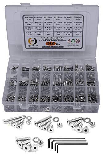 Image of Epi-torque Stainless Steel 202 Grade Flat Socket Head Cap Screw Internal Hex M3 M4 M5 M6 Counter Sunk Full Thread Assortment With Matching Hex Nuts, Flat Washer & Allen Keys Pack Of 512 Pcs