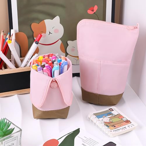 Image of iSuperb Standing Pencil Case Large Pencil Pouch Pen Holder Makeup Cosmetics Bag for Women Office (Pink)