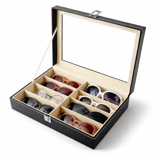 Weemsbox Estojo Porta Óculos com 8 Compartimentos, Couro Sintético, Visor Acrílico Transparente, Interior Macio