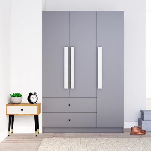 Image of Bniture Wooden Almirah for Clothes, Door for Bedroom, 3 Door Wardrobe with 2 Drawer & Hanging Space (40D x 120W x 180H CM) | 3 Year Warranty (Giant Wood & Slate Grey)