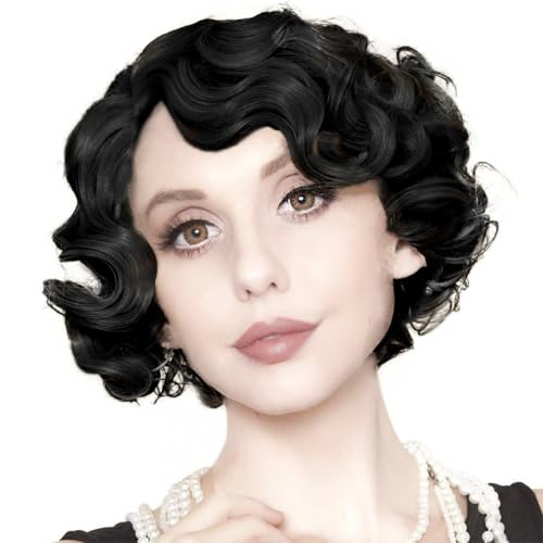 Kaneles Short Black Finger Wave Wigs for Women 1920s Side Part Natural Wig Synthetic Heat Resistant Hair Halloween Wig for Vintage Daily Party(Black)