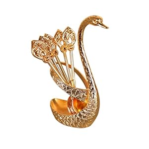 Metalen Koffiedessertlepelset, 6 Stuks Zinklegering Lepels, met Lepelhouder in Zwanenvorm, Swan Coffee Dessert Decoratieve Creatieve Serviesset, Gelden voor Desserts, Ijscrème(Goud)