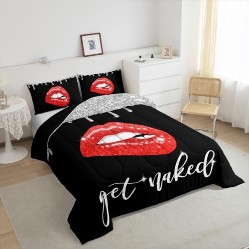Image of Feelyou Red Sexy Lips Bedding Set Full, Diamond Get Naked Comforter Set Glitter Lips Comforter for Kids Toddler Funny Get Naked Duvet Set 3Pcs Reversible