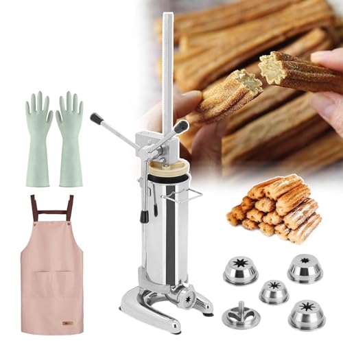 Relleno manual de churro con mango desmontable, máquina vertical de donas españolas, incluye 4 pares de guantes, 5 moldes y delantal para el hogar, cafetería, restaurante y bar