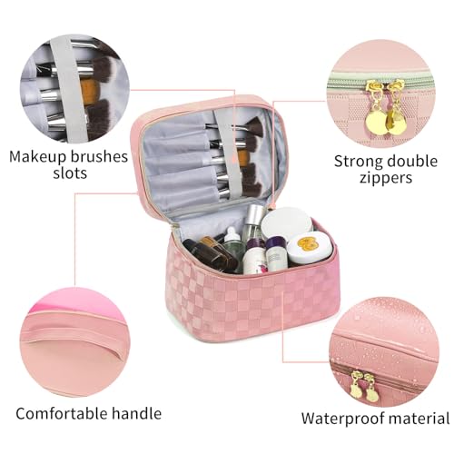 Checkered Makeup Bag 4 Pcs Waterproof Cosmetic Bag Set Portable Travel Cosmetic Bag Multifunction Organizer Storage Bag Toiletry Bag forWomen and Girls (PINK)3