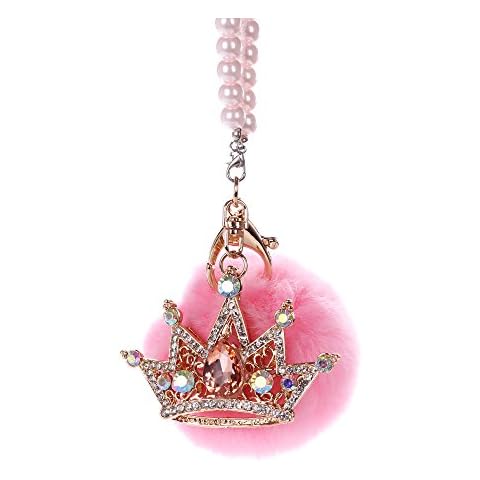 Car Mirror Hanging Accessories, Mini-Factory Rearview Mirror Hanging Bling Decoration Fluffy Luxury Diamond Crown with Pearl Chain - Pink Cover