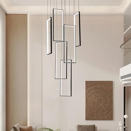 Lustre d'escalier LED réglable noir 6 lumières pour salon duplex et villa