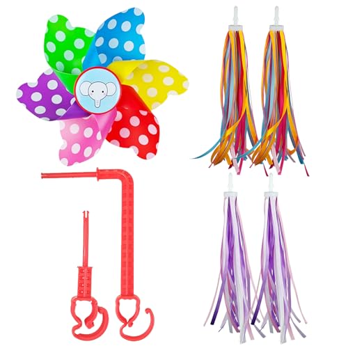 TYXHXTF 2 Par Serpentinas para Manillar de Bicicleta, Colore Borlas de Bicicleta Scooter Cintas, 1 Molinillo de Viento, Accesorios de Bicicleta para Niños