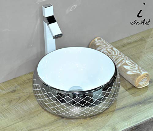 Image of InArt Designer table top wash basin for bathroom /bathroom sink /cabinet wash basin /ceramic basin /counter top basin /vanity washbasin in Round Shape Silver White 16 x 16 x 6 Inch