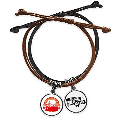 Bracelet corde Chine rouge et cuir tressé orné d'un motif drapeau national