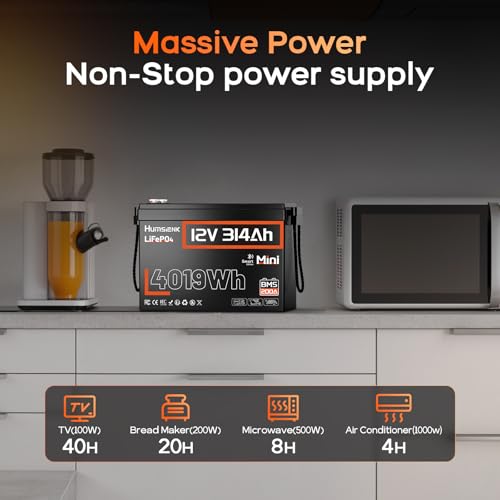 Image of HumsiENK 12V 314Ah (300Ah) LiFePO4 Lithium Battery with Bluetooth - 4.19kWh Energy, 200A BMS, 15000+ Cycles, Low-Temp Protection - for RV, Marine, Solar, Off-Grid, Home Backup (Compact & Lightweight)