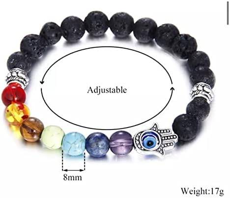 2Pieces /Set 7 Chakras Gemstone Lava Stone Hamsa Hand Bracelet Evil Blue Eye Beaded Charm Stretch Bracelet Handmade Jewellery, One size , adjustable