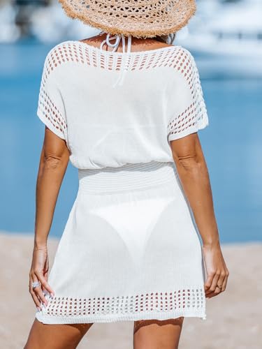 Image of CUPSHE Women Crochet Swim Cover Up Short Sleeve V Neck Bathing Suit Beach Dress Summer Swimwear Coverups