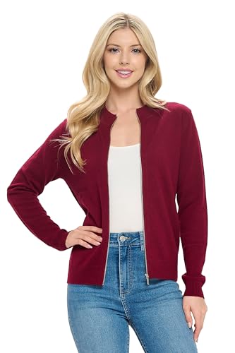 Image of Women's 100% Cashmere Soft Long Sleeve Crew Neck Open Zip Cardigan