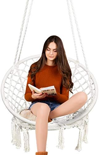 Hammock Chair Macrame Swing, 330 Pound Capacity, Hanging Chair with Cotton Rope for Indoor, Outdoor, Home, Patio, Deck, Yard, Garden, Pure White