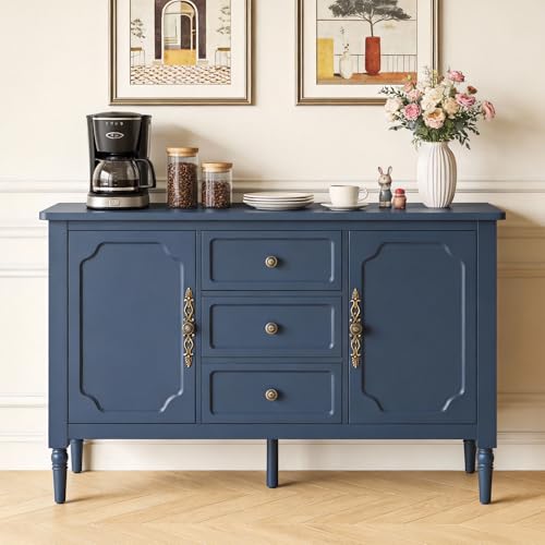 Image of FansaFurn Blue Storage Cabinet, Mid-Century Buffet Cabinet with 2 Doors & 3 Drawers, Accent Sideboard Cabinet with Adjustable Shelves & Turned Legs for Entryway, Living Room, Dining Room