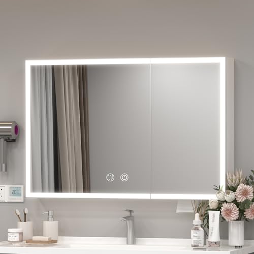 Dradaomull Spiegelschrank mit Beleuchtung, 100x60cm, Badspiegelschrank, Stauraum, dimmbare LED-Leuchten, einstellbare Helligkeit, Demist-Funktion, Badezimmermöbel, Wandspiegel