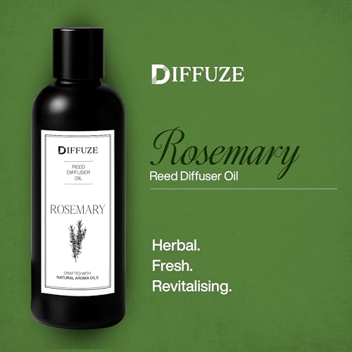 Image of DIFFUZE Rosemary Essential Oil Reed Diffuser Refill 100ml with 10 Fibre Reed Sticks | Aroma Oil for Home Office Bathroom | Diffuser Oil for Home Fragrance