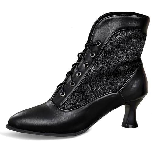 LanreyTaley Women Victorian Lace Booties Wedding Bridal Ankle Boots Witch Costume Boots Mid Heel