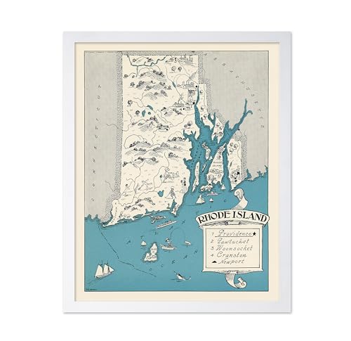 Poster Master Vintage Rhode Island Map Print - Retro State Map Art - Gift for Teacher, Student, Travel Lover - Decor for Classroom, Office, Dorm, 8x10 White Framed