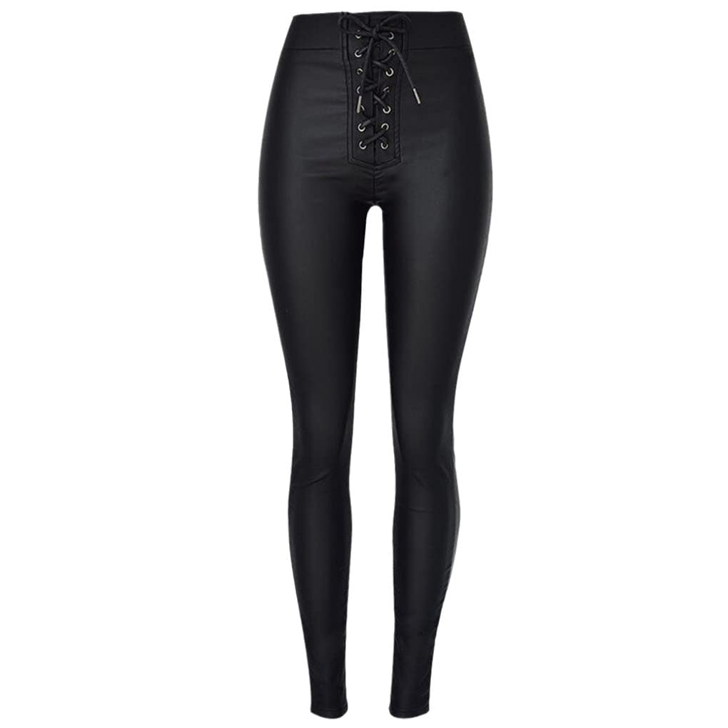 Dninmim Pantaloni in pelle sexy a vita alta con lacci da donna primavera autunno skinny neri in pelle PU