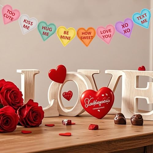 Image of Valentine's Day Heart Garland Felt Banner Decorations for Mantle Fireplace Room Valentine Hanging Decor