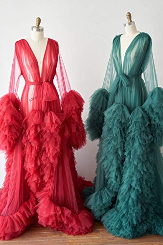 BATHGOWN Sexy Illusion Long Lingerie Tulle Robe Nightgown Bathrobe Sleepwear Bridal Robe Wedding Scarf3