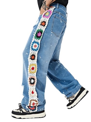 Men's Floral Crochet Baggy Jeans Ripped Distressed Jeans Hip Hop Straight Leg Denim Pants Streetwear3