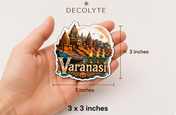 Image of Varanasi Temple Theme Wooden Fridge Magnet Souvenir | 3x3 in Kitchen Home Decor Gift