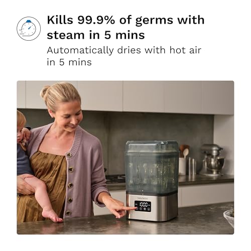 Image of Baby Brezza 10 Minute SuperQuick Bottle Sterilizer + Dryer - Large 8 Bottle Capacity - Steam Sanitization - Universal Fit for All Bottles: Plastic + Glass + Pacifiers + Breast Pump Parts, Stainless