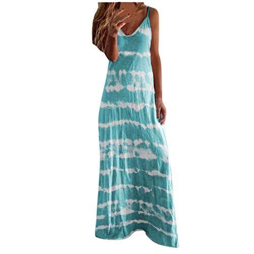 2021 Womens Dresses Casual Summer Maxi Sundress Sleeveless V-Neck Gradient Tie-dye Loose Long Dress Tank Tunic Dress Blue