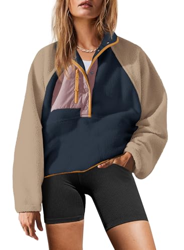 Yanekop Womens Fuzzy Fleece Pullover Sherpa Sweatshirt Long Sleeve Button Down Sweater Winter Fleece Jacket with Pockets