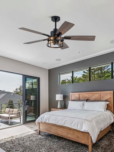 Image of 52'' Farmhouse Ceiling Fan with Light Rustic Caged Chandelier Fan
