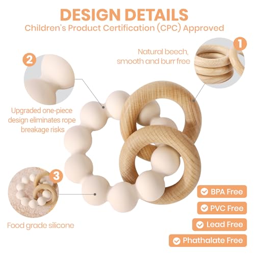Image of Socub Baby Teething Toys for 0-6 6-12 Months- BPA-Free Food-Grade Silicone & Natural Beech Wood Teether Ring for Newborn Infants Teething Relief- Easy-Grip Sensory Rattle Toys(Shifting Sand)