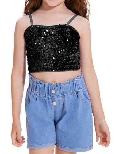 Girls Sleeveless Tank Top Sequin Spaghetti Strap Crop Cami Camisole Sparkly Dance Blouse