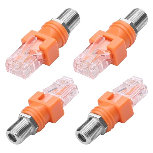 CERRXIAN Adaptador Cable Convertidor F a RJ45, Paquete de 4 Adaptadores Coaxiales R F Hembra a RJ45 Macho Ethernet para Probador de Línea (Naranja)