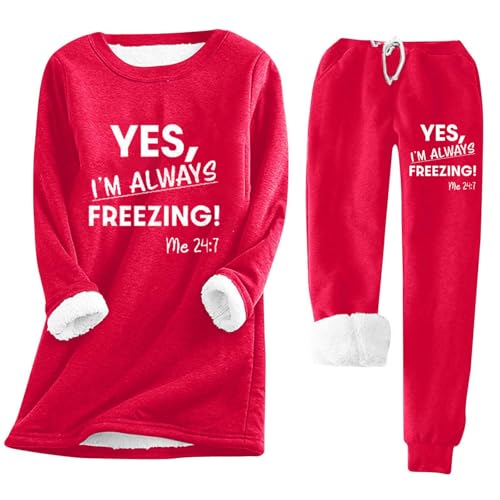 Pajamas For Women Set Yes I'm Always Freezing Loungwear Fleece Sherpa Lined Long Sleeve Tops And Sweat Pants Sleepwear