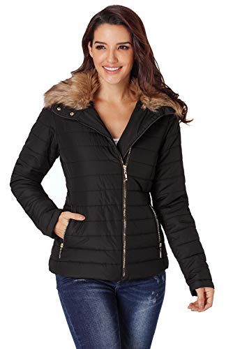 ITBCLOVE Chaqueta de plumón corta para mujer, cálida, plegable, ligera, con cremallera, con cuello de piel sintética, Negro, XXL