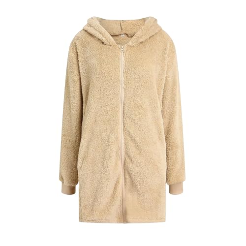 Chaqueta Sherpa para Mujer Cárdigan Holgado, con Forro Afelpado, Manga Larga, Capucha y Cremallera Abrigo abullonado de Manga Media con puños Acanalados (XXL,Albaricoque)