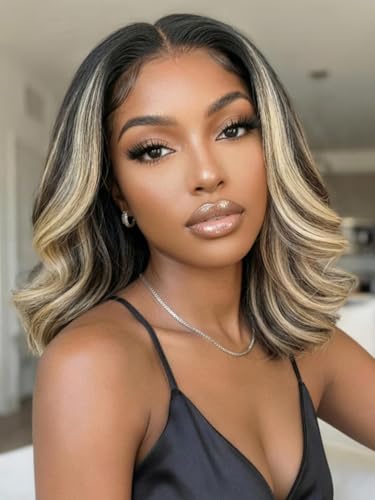 Image of Beauty Forever 7x5 Bye Bye Slip Glueless Lace Wig Human Hair Ash Blonde Highlight 14 Inch Feathered Layered Bob Wig Pre-Cut HD Lace Wear and Go Pre-Plucked Natural Hairline