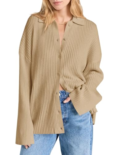 Danedvi Womens Collared Cardigan Sweaters Oversized Ribbed Knit