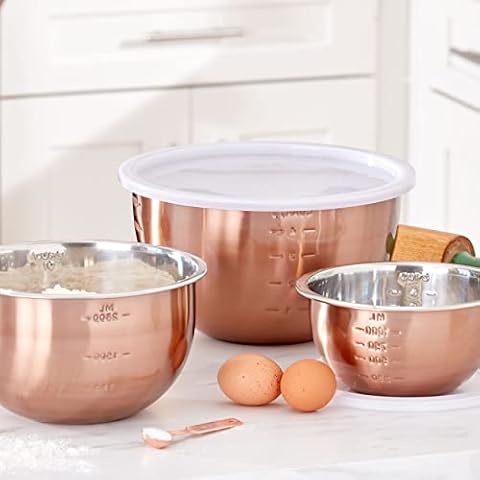 BrylaneHome 6 Piece Set Of Copper Mixing Bowls & Lids, Copper Bronze Stainless Steel - Easy To Clean, Nesting Bowls for Space Saving Storage, Great for Cooking, Baking, Prepping - Copper Cover