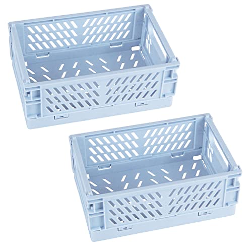 Tixill 2er-Pack Mini Faltbare Kunststoff-Aufbewahrungsbox Mini Kunststoffkörbe für Organisation und Aufbewahrung für Zuhause, Küche, Schlafzimmer, Büro (15x9.7x5.6 cm) (9.8x6.5x9.8 cm, blau)