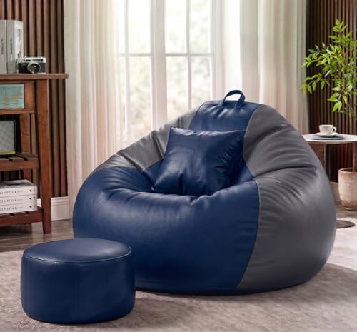 Image of Sattva Classic 3XL Bean Bag Chair with Beans Filled | Sofa Style Faux Leather Beanbags with Footstool & Cushion | Pre-Filled Bin Bags Sofa & Beam Bag for Adults | Home & Office, Navy Blue & Grey